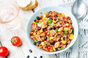 Black beans, corn and tomato red and white rice with chicken